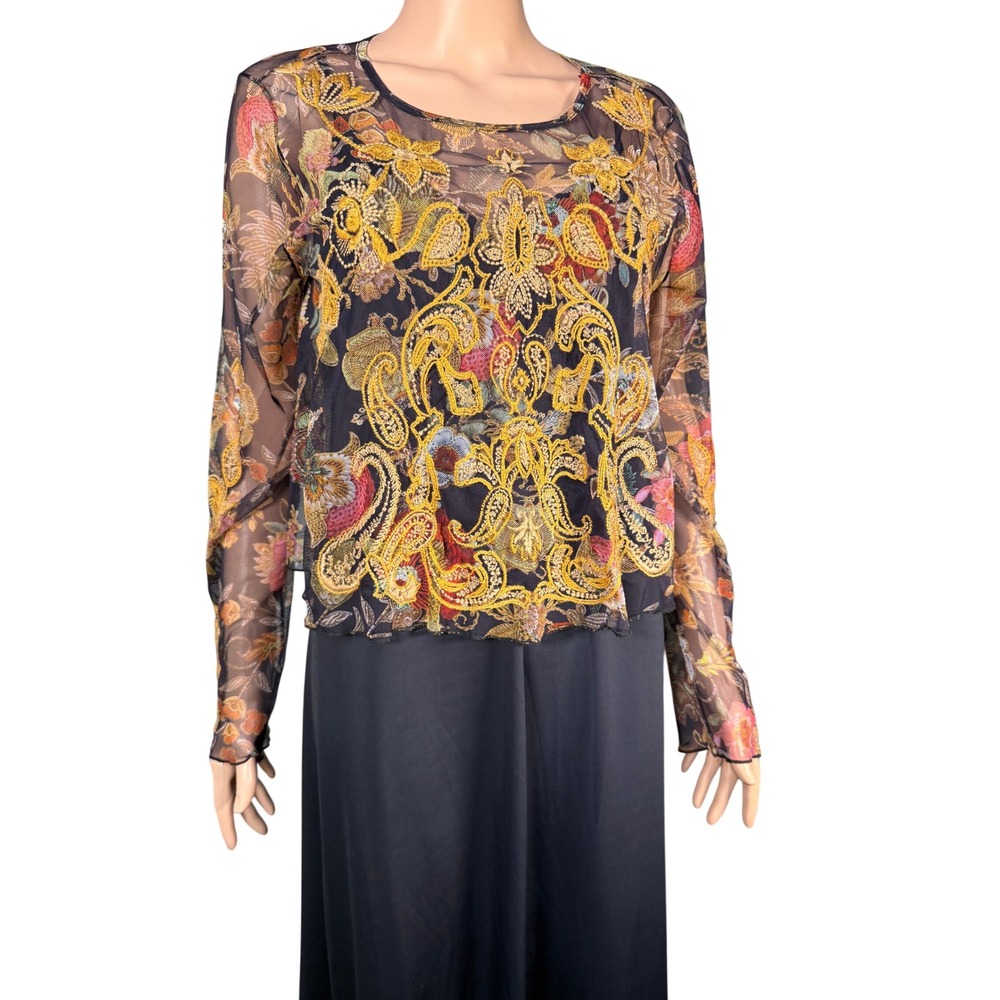 Johnny Was Kym Mesh Dress Set Black Embroidered Maxi Slip 2pc C34625-9 L NEW